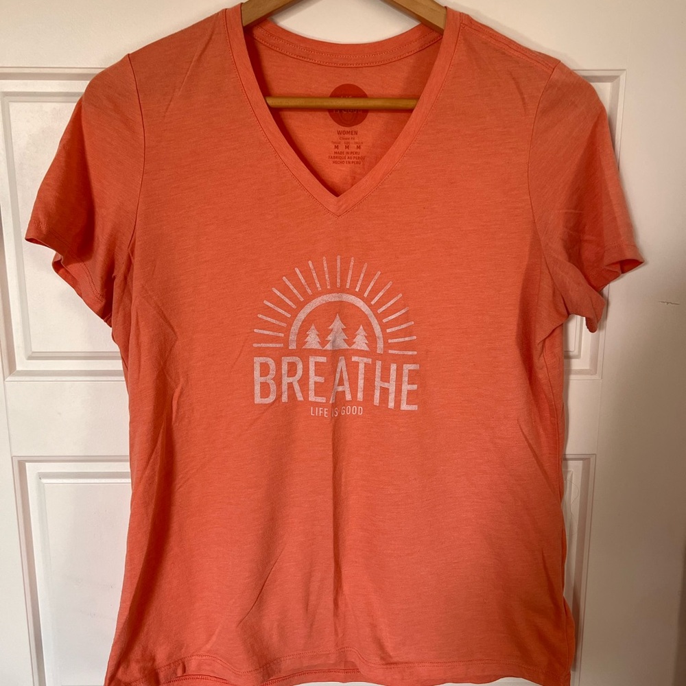Life Is Good Women's Coral V-Neck 'BREATHE' Graphic Tee